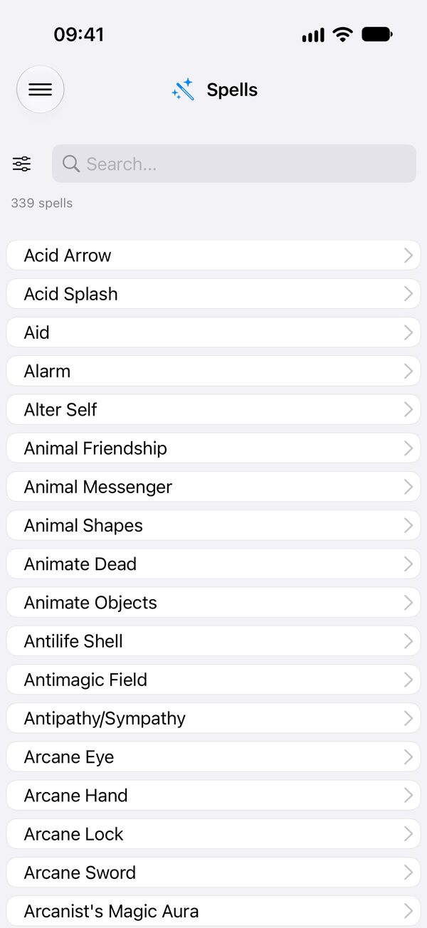 Caster spell list in the Fantasy theme