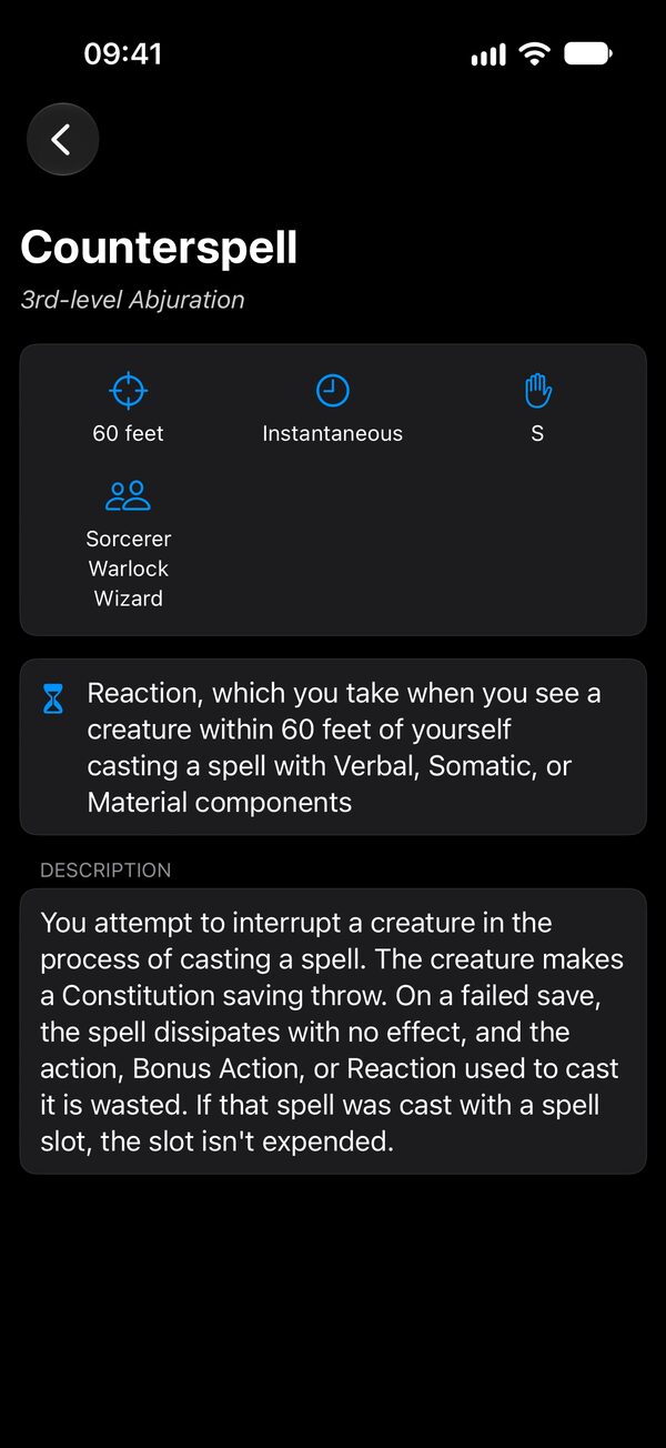 Spell card in dark mode