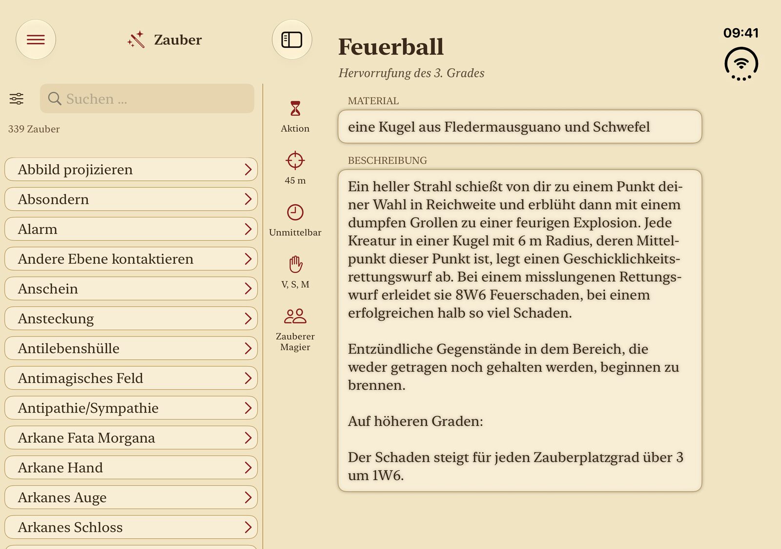Caster auf dem iPad mit der Zauberliste neben Feuerball