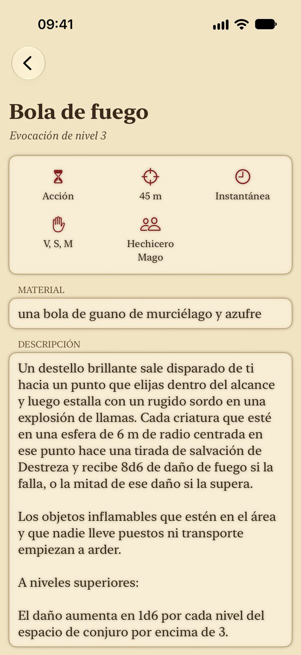 Ficha del conjuro Bola de fuego en Caster