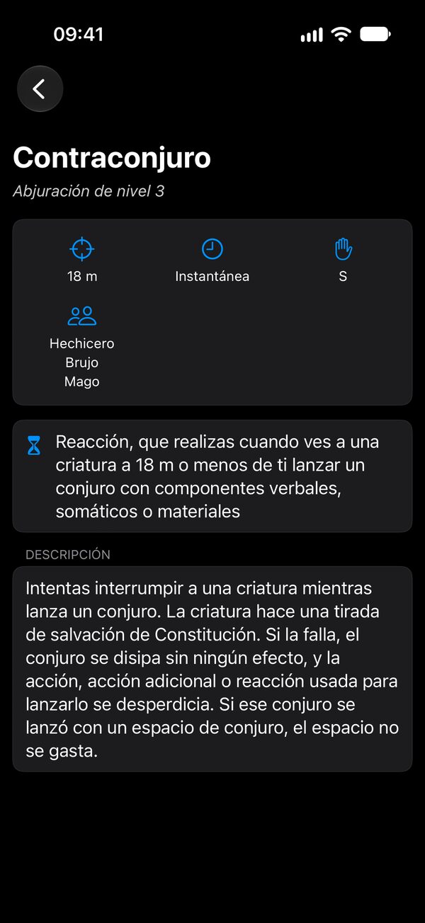 Ficha de conjuro en modo oscuro