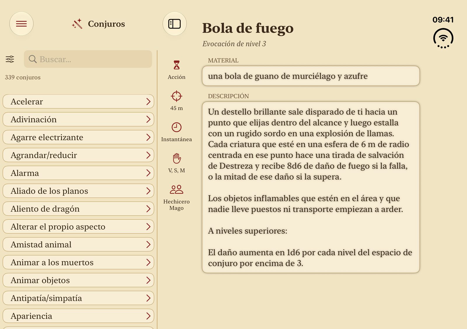 Caster en iPad con la lista de conjuros junto a Bola de fuego