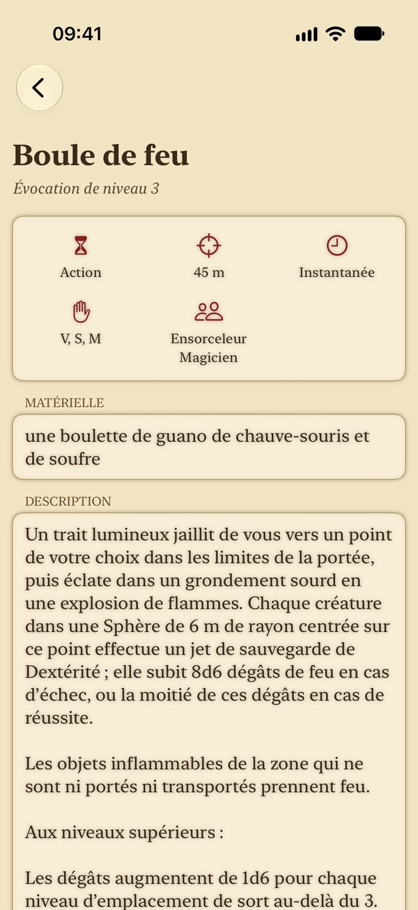 Fiche du sort Boule de feu dans Caster