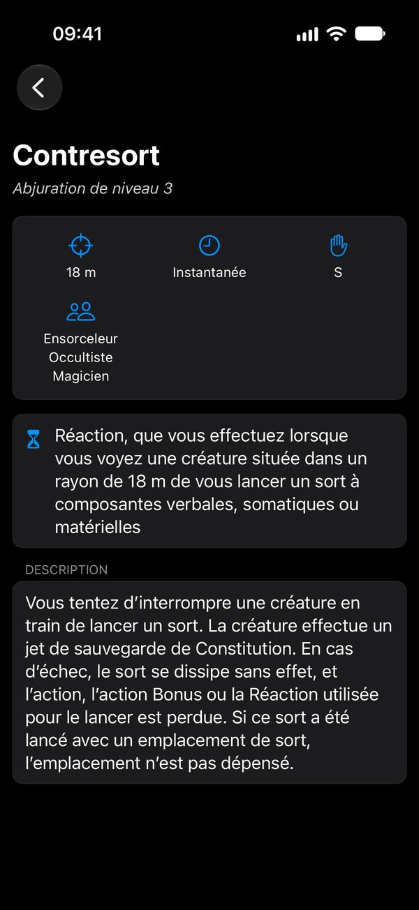 Fiche de sort en mode sombre