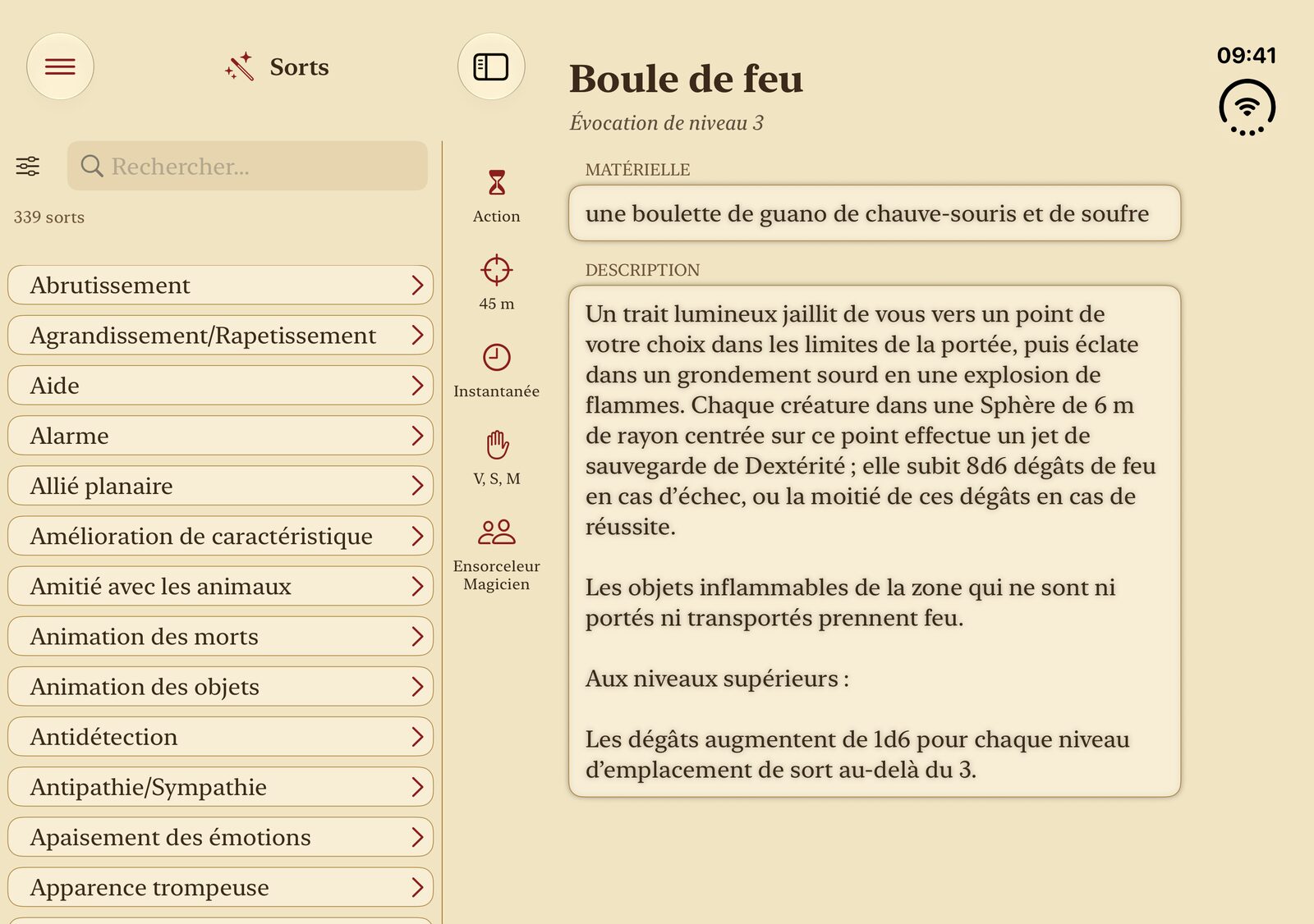 Caster sur iPad avec la liste des sorts à côté de Boule de feu
