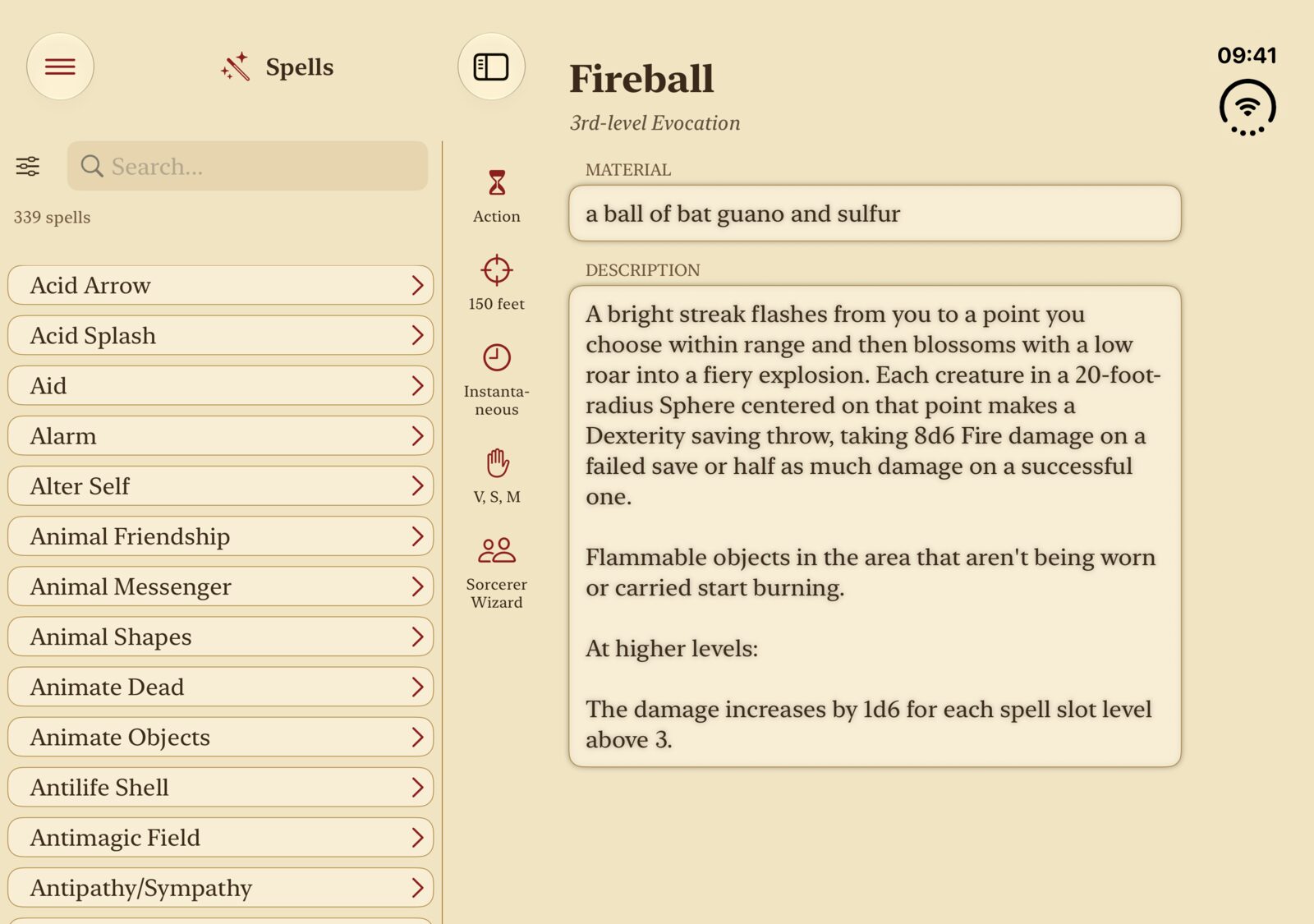Caster on iPad showing the spell list beside Fireball