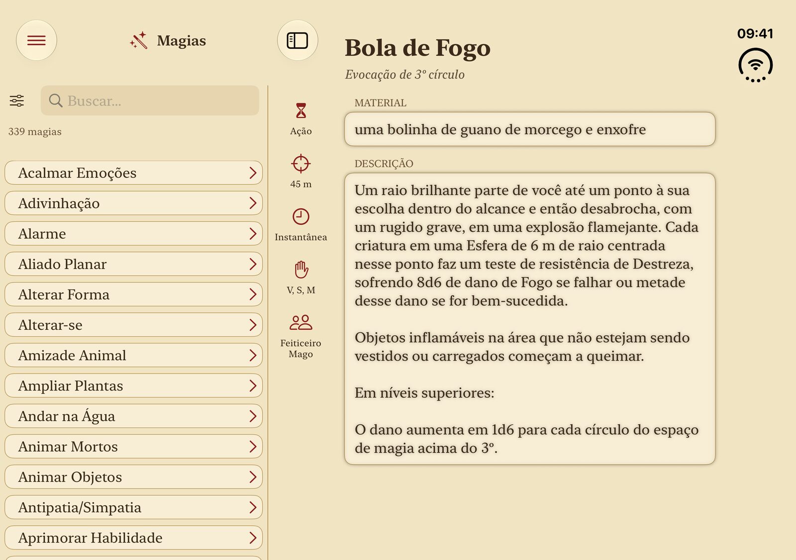 Caster no iPad com a lista de magias ao lado de Bola de Fogo
