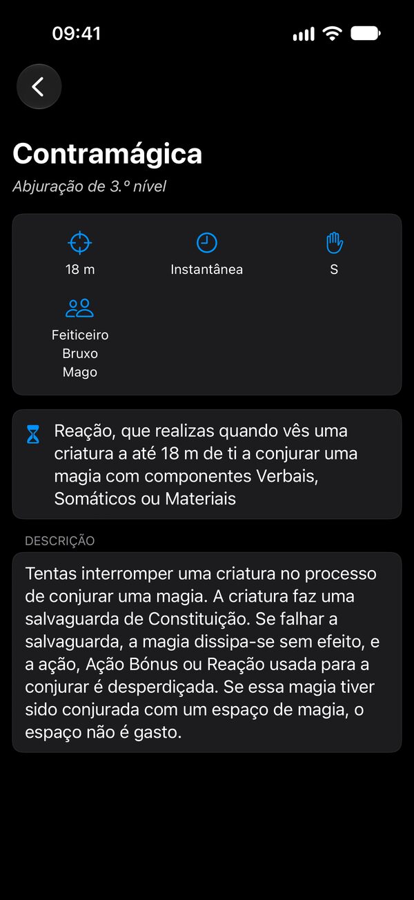 Ficha de magia no modo escuro