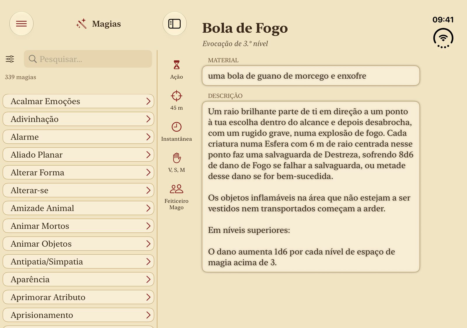 Caster no iPad com a lista de magias ao lado de Bola de Fogo